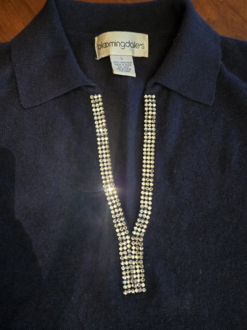 Bloomingdale's Women's Navy Cashmere Sweater with Rhinestone-trimmed neckline